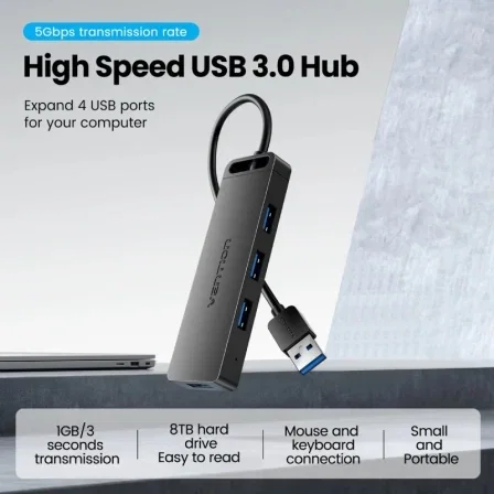 Vention Hub USB 3.0 5 en 1 con 4 puertos USB y 1 puerto USB-C PD, Negro
